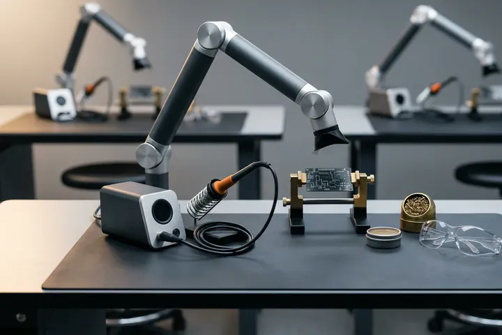 A soldering bench set up for one person — extraction arm, iron in its stand and a board held in a clamp — with two more identical benches out of focus behind